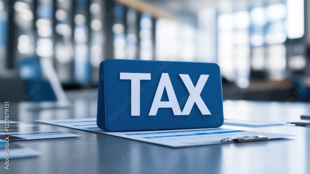 Fototapeta premium Tax Concept with Blue Sign on Desk Surrounded by Financial Documents Inside Modern Office