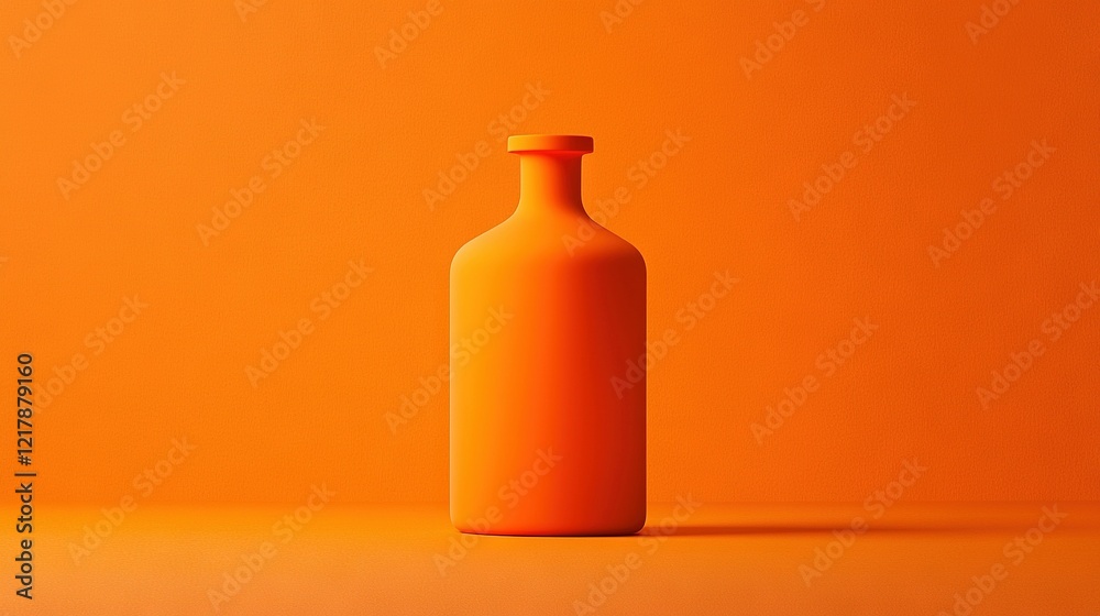 An orange bottle rests on a yellow table adjacent to an orange wall, casting a shadow of the bottle onto it An orange bottle rests on a yellow table adjacent to an orange wall, casting a shadow of the bottle onto it