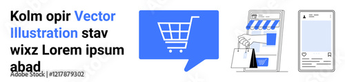 Shopping cart icon, store interface, and mobile phone. Ideal for e-commerce, digital marketing, online shopping, web design, user experience, retail, mobile applications. Landing page