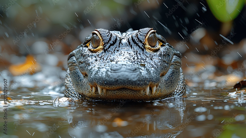 Fototapeta premium Alligator in swamp, rain, close-up, nature, wildlife