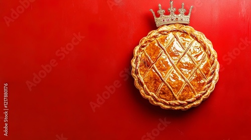 galette des rois bien dorée avec une couronne - posée sur un fond rouge avec espace vide - vue de dessus photo