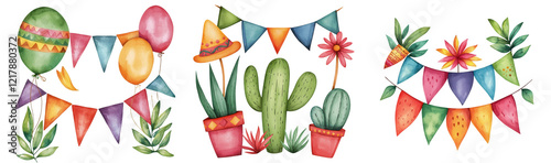 Colorful fiesta decorations with balloons, cacti, and banners create festive atmosphere, isolated on transparent background.