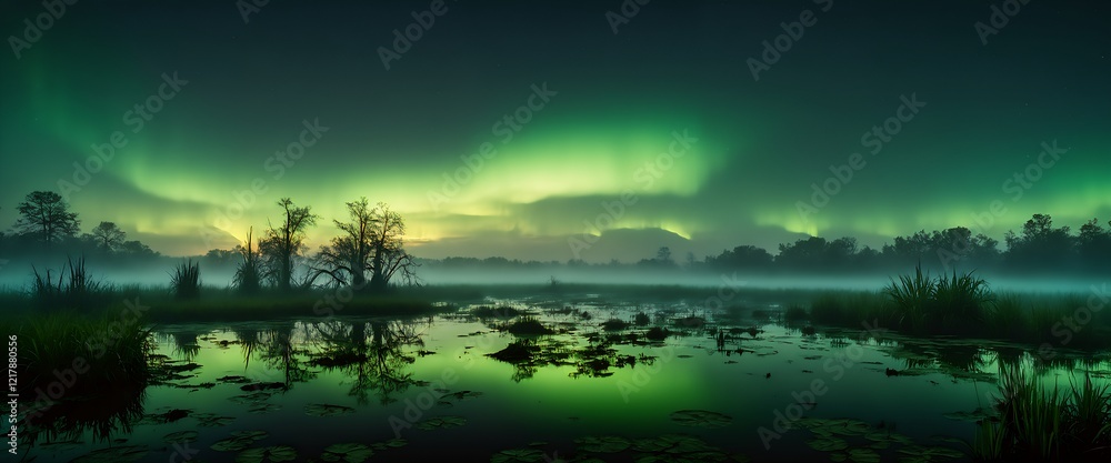 Naklejka premium Aurora borealis casting green hues on wetland fields