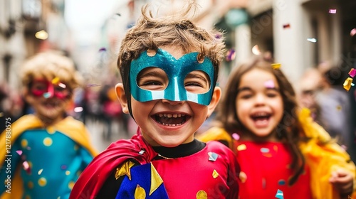 des enfants déguisés pour mardi gras défilent dans la rue