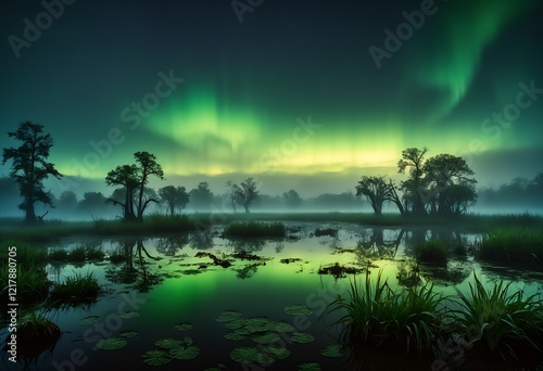Northern lights reflecting on a marshy surface