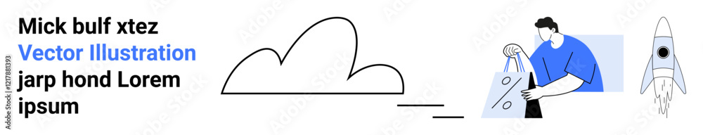 Businessman handling online financial transactions on giant credit card, cloud symbol, rocket launching. Ideal for fintech, banking, savings, cloud computing, startup launches, financial services Businessman handling online financial transactions on giant credit card, cloud symbol, rocket launching. Ideal for fintech, banking, savings, cloud computing, startup launches, financial services