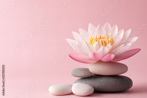 Pink lotus flower with black spa stones and green leaves symbolizing relaxation, balance, and natural wellness for spa, mindfulness, and holistic themes