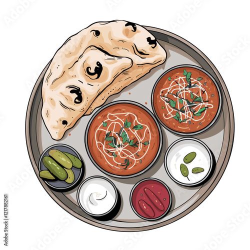 Indian Thali with Butter Naan, Curries, and Accompaniments