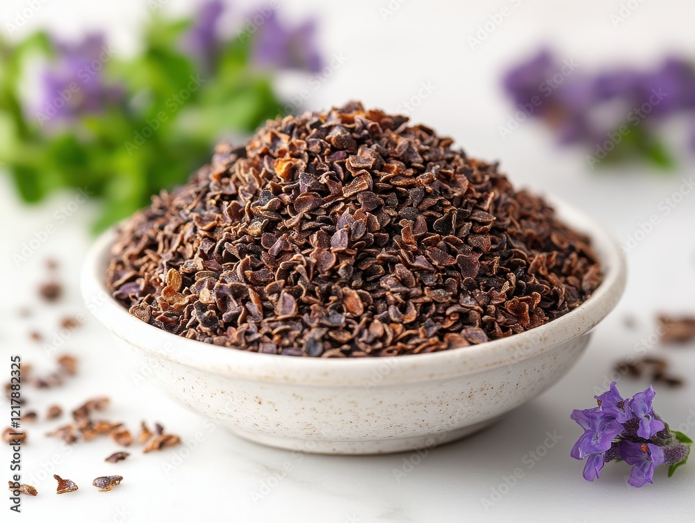A bowl filled with dried cacao shells, surrounded by purple flowers. A bowl filled with dried cacao shells, surrounded by purple flowers.
