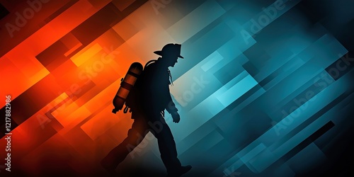 Firefighter silhouette walks through vibrant colors representing bravery and service to the community photo