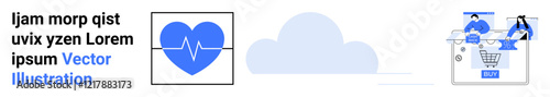 Heart with heartbeat line, cloud for storage, online shopping cart with team collaborating. Ideal for technology integration, health awareness, cloud computing, ecommerce, teamwork, minimalism