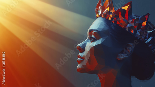 3d render of woman wearing a. Head, queen, blurry, background origami, glare, light, crown. Origami with a glare of light and crown. A glare of glare from the crown queen's lifestyle head light.