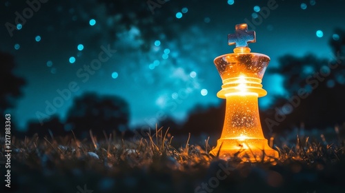 At night, a glass king chess piece is positioned on the ground with the vast milky way and stars above, embodying the ideas of strategy, leadership, and cosmic power photo