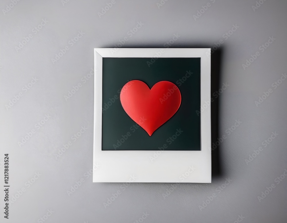 Instant photo frame with red heart symbol hanging on gray wall representing love and affection, perfect for Valentine's Day projects Instant photo frame with red heart symbol hanging on gray wall representing love and affection, perfect for Valentine's Day projects