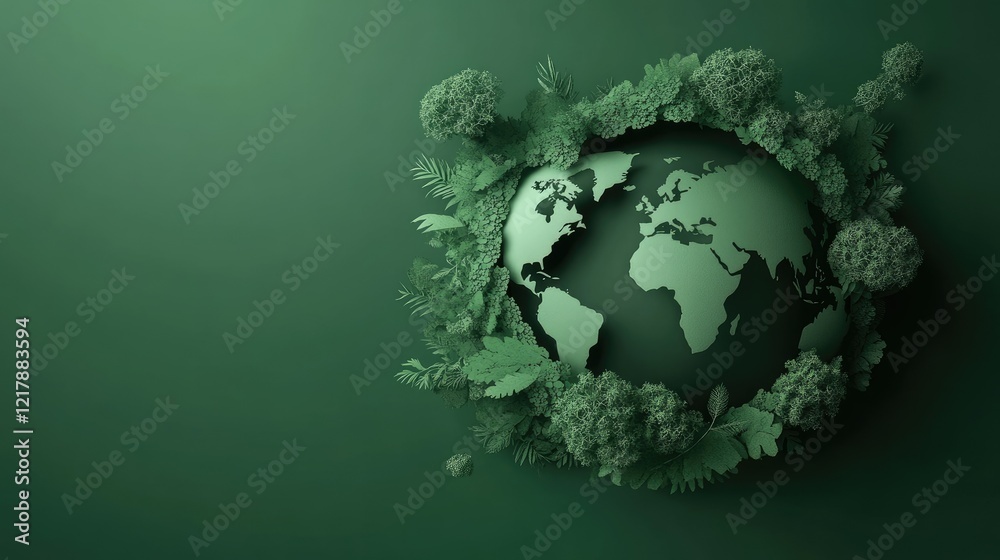 Fototapeta premium Paper cutout illustration, Earth Day poster of the Earth with trees and plants on it, dark green background
