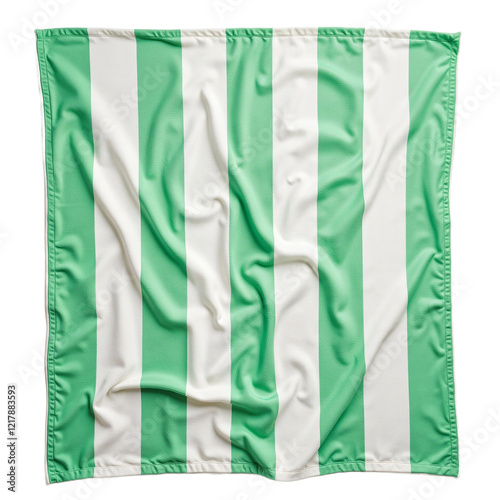 Green and white striped beach towel on white background