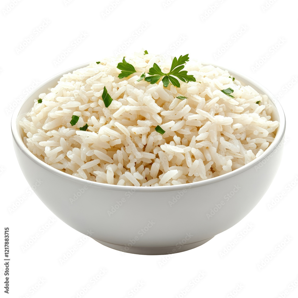 Deliciously cooked jasmine rice in a transparent bowl garnished with fresh herbs on a simple transparent background, Cooked Jasmin Rice in transparent bowl on transparent background Deliciously cooked jasmine rice in a transparent bowl garnished with fresh herbs on a simple transparent background, Cooked Jasmin Rice in transparent bowl on transparent background