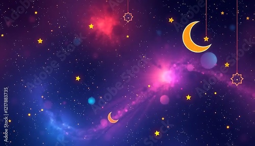 Celestial Night Sky with Hanging Stars and Moon photo