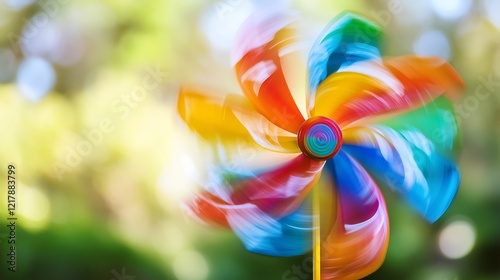 A vibrant, colorful pinwheel spinning in the breeze, creating a joyful and dynamic scene.