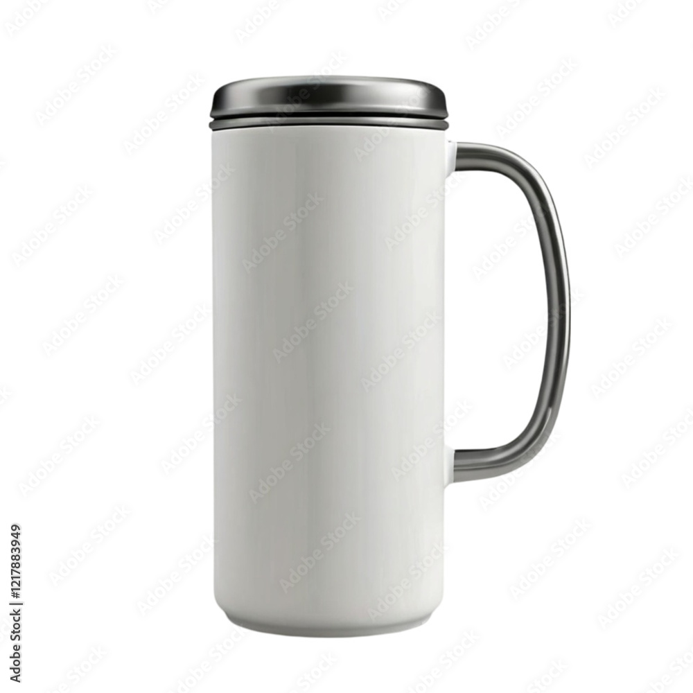 A white, stainless steel mug, isolated ready for a hot coffee or tea A white, stainless steel mug, isolated ready for a hot coffee or tea