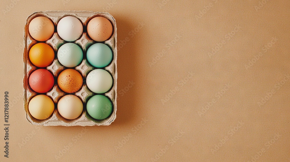 Obraz premium An orange and green egg rests on a brown table with a carton of eggs beside it