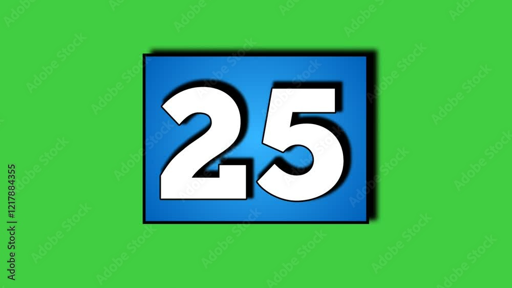 Number 25 symbol sign animation motion graphics cartoon in blue box rectangle on green screen background,the number dropped down ,for video number for video elements Number 25 symbol sign animation motion graphics cartoon in blue box rectangle on green screen background,the number dropped down ,for video number for video elements