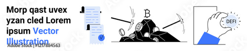 Blue certificate with seal, hand-pick miners around coins, hand holding DEFI digital token. Ideal for tech blogs, finance articles, blockchain courses, investment guides, fintech apps, crypto
