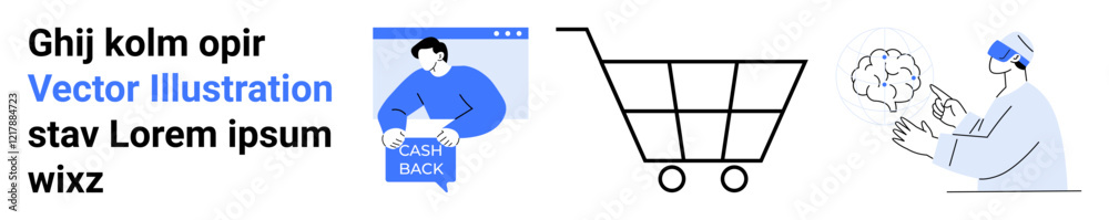 Man with cashback message, large shopping cart icon, person using VR glasses analyzing brain. Ideal for ecommerce, fintech, online shopping, virtual reality, healthcare, technology, education Man with cashback message, large shopping cart icon, person using VR glasses analyzing brain. Ideal for ecommerce, fintech, online shopping, virtual reality, healthcare, technology, education