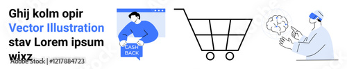 Man with cashback message, large shopping cart icon, person using VR glasses analyzing brain. Ideal for ecommerce, fintech, online shopping, virtual reality, healthcare, technology, education