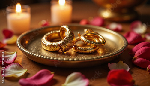 Elegant gold toe rings on brass tray with candles and petals, celebration, Indian Traditional Jewelry, Raksha Bandhan  photo