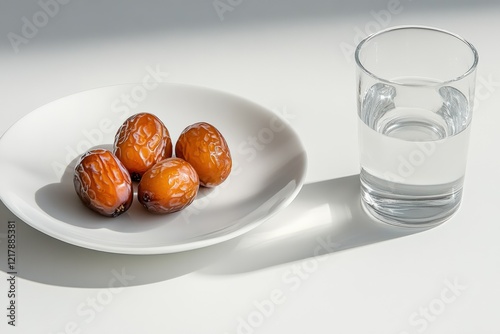 Isolated plate holds a few dates beside a clear glass of water on a bright white surface. This setup embodies simplicity and focuses on essential elements for Iftar during Ramadan photo