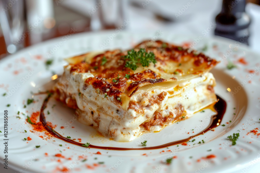 A piece of lasagna garnished with herbs on a decorative plate is in focus. Concept of delicious Italian cuisine. A piece of lasagna garnished with herbs on a decorative plate is in focus. Concept of delicious Italian cuisine.