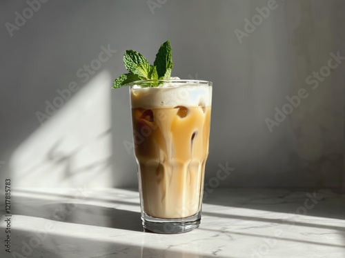 Refreshing Iced Latte Coffee Drink with Whipped Cream and Mint Garnish on Marble Surface
