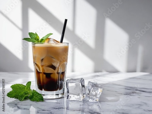 Refreshing Iced Coffee with Milk and Mint Garnish in Glass on Marble Surface