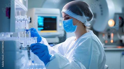 A radiopharmacist in a laboratory, handling and preparing radiopharmaceuticals for nuclear medicine procedures Generative AI photo