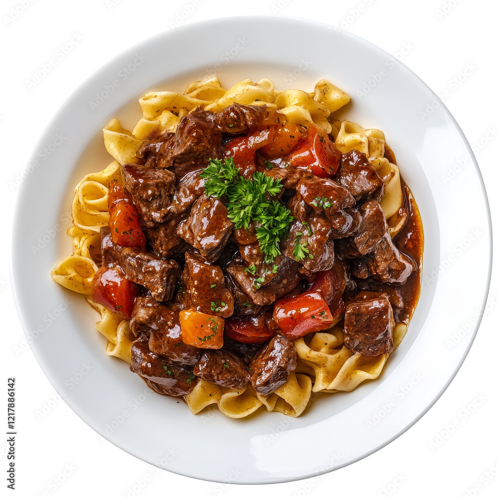 Savory beef dish served with pasta and fresh vegetables on a clean transparent plate, beef dish with pasta and sauce isolated on transparent background Savory beef dish served with pasta and fresh vegetables on a clean transparent plate, beef dish with pasta and sauce isolated on transparent background