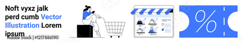 Woman sitting on a shopping cart, browsing on her mobile phone, next to an online store interface and a blue discount coupon. Ideal for online shopping, e-commerce, mobile shopping, discounts