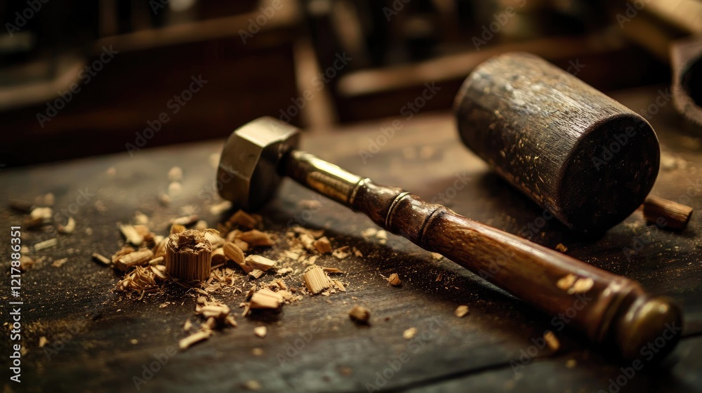 Obraz premium A chisel paired with a mallet, surrounded by fine wood shavings on a bench.