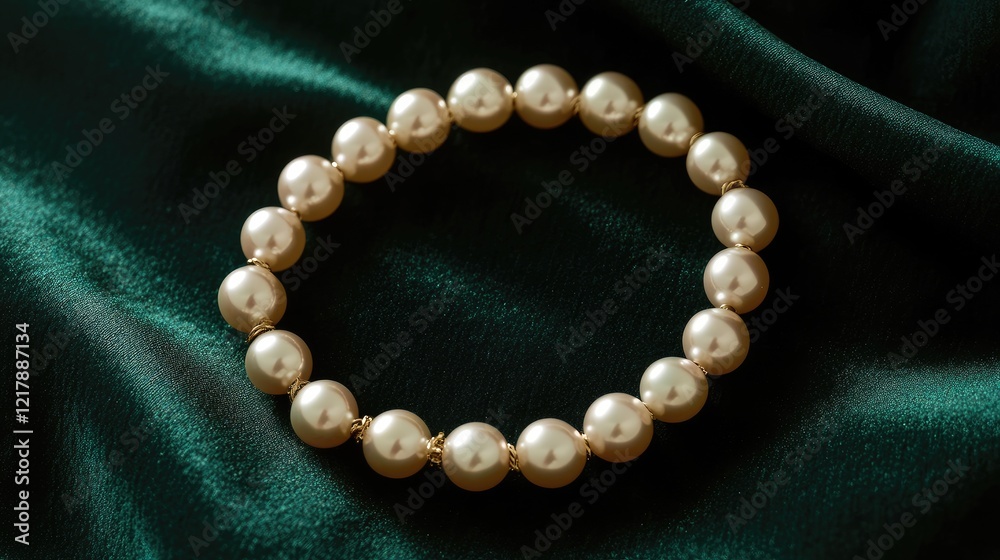 A close-up of a pearl bracelet resting on a velvet dark green background, showcasing its luster. A close-up of a pearl bracelet resting on a velvet dark green background, showcasing its luster.