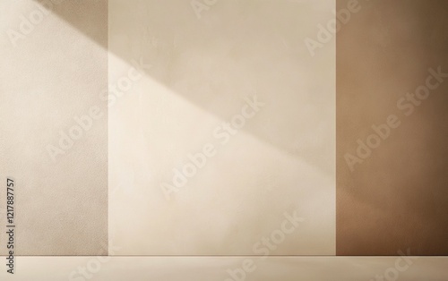 blank wall mock up divided into 3 vertical sections, shades of beige, mocha mousse or brown, illuminated by light source from upper left, diagonally shadow across sections, beige floor, copy space