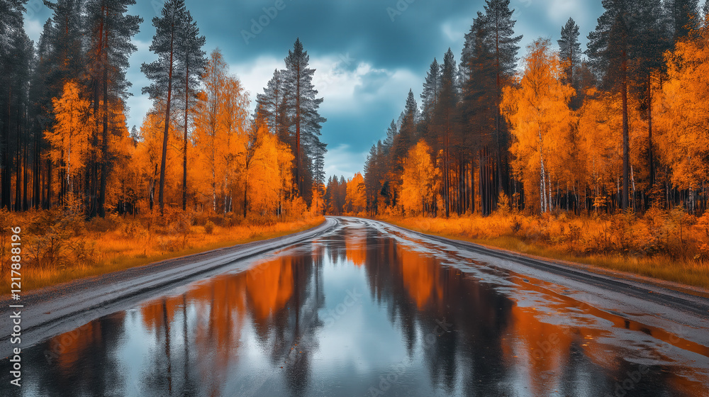 A serene country road meanders through a stunning landscape adorned with trees ablaze in autumn colors. The wet pavement mirrors the fiery hues, creating a peaceful and reflective atmosphere A serene country road meanders through a stunning landscape adorned with trees ablaze in autumn colors. The wet pavement mirrors the fiery hues, creating a peaceful and reflective atmosphere