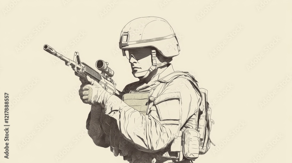 Fototapeta premium Soldier in combat gear aiming a rifle, set against a neutral background, showcasing military readiness