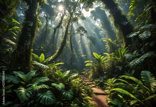 Tropical forest alive with sunlight and greenery