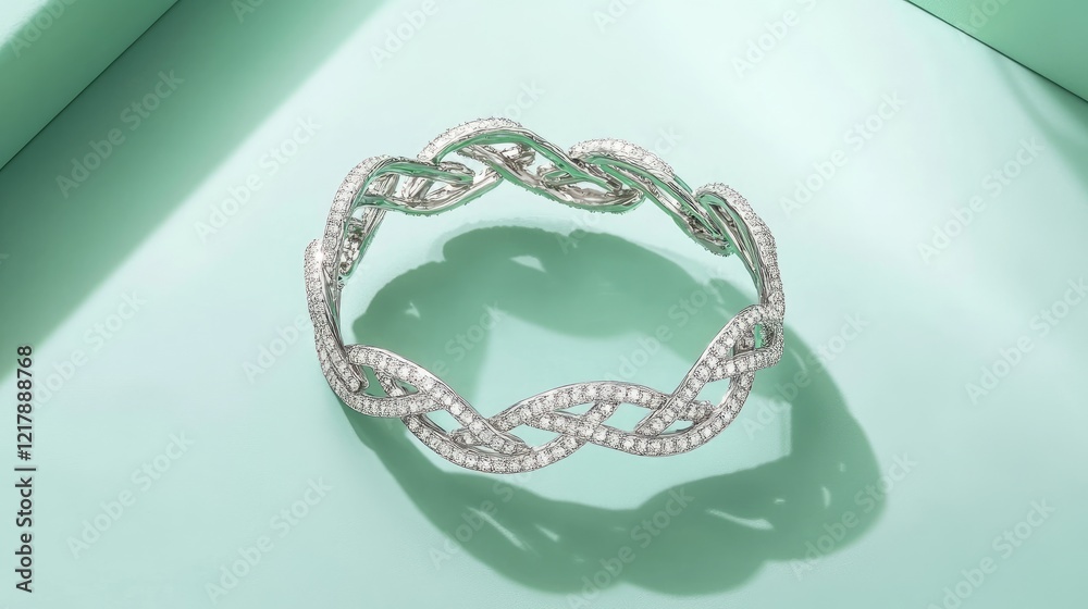 Fototapeta premium A diamond bracelet with a unique design displayed against a pastel mint green backdrop.
