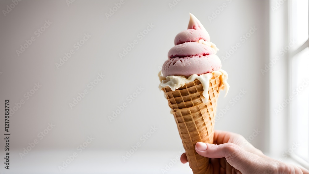 Close-up of a hand holding a melting waffle cone filled with strawberry and vanilla swirl soft-serve ice cream. Close-up of a hand holding a melting waffle cone filled with strawberry and vanilla swirl soft-serve ice cream.