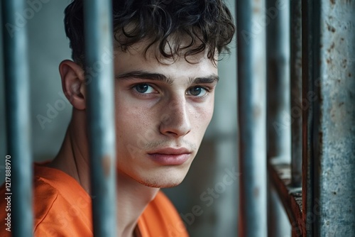 Portrait of a young caucasian male prisoner wearing an orange jumpsuit, standing behind metal bars in a jail cell, conveying a sense of confinement and desperation photo