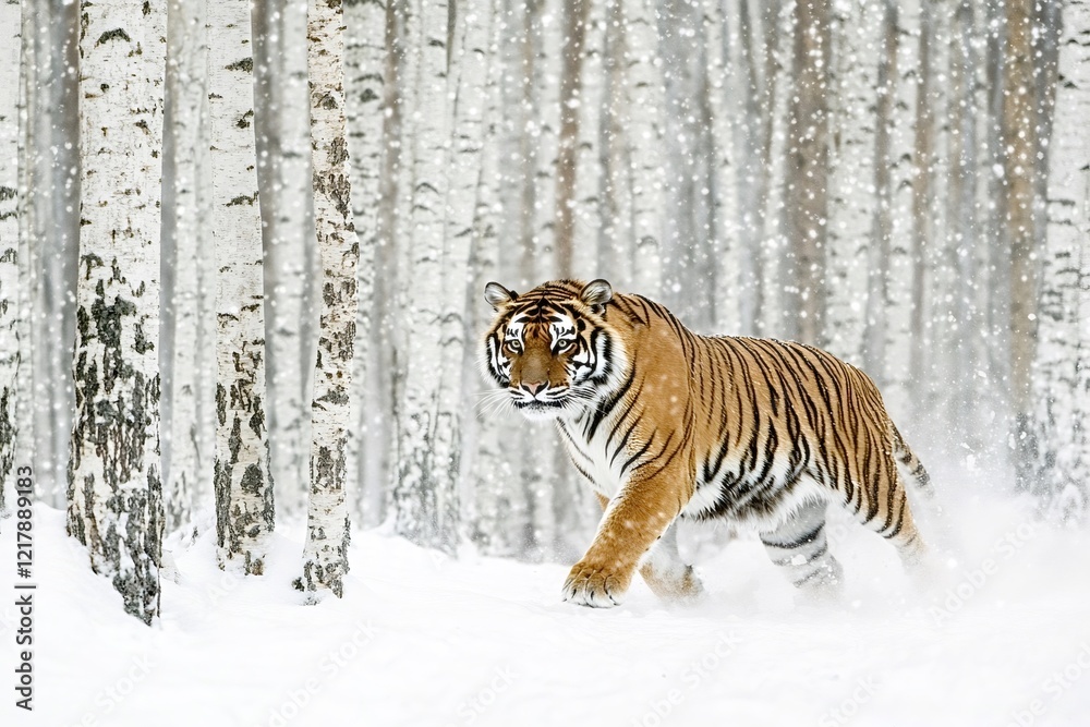 Obraz premium Siberian tiger walking gracefully through a snowy birch forest, surrounded by gently falling snowflakes, creating a stunning winter wildlife scene in the serene landscape of siberia