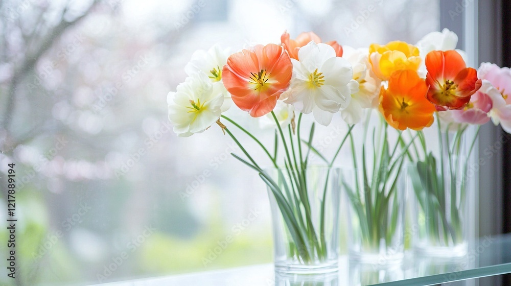 A row of vibrant vases brimming with blossoms gracefully rests atop a window ledge, framing a picturesque view A row of vibrant vases brimming with blossoms gracefully rests atop a window ledge, framing a picturesque view