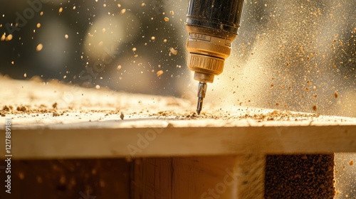 A dusty drill on a construction site floor with a freshly drilled beam.