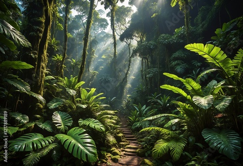 Golden light streaming into a tropical forest